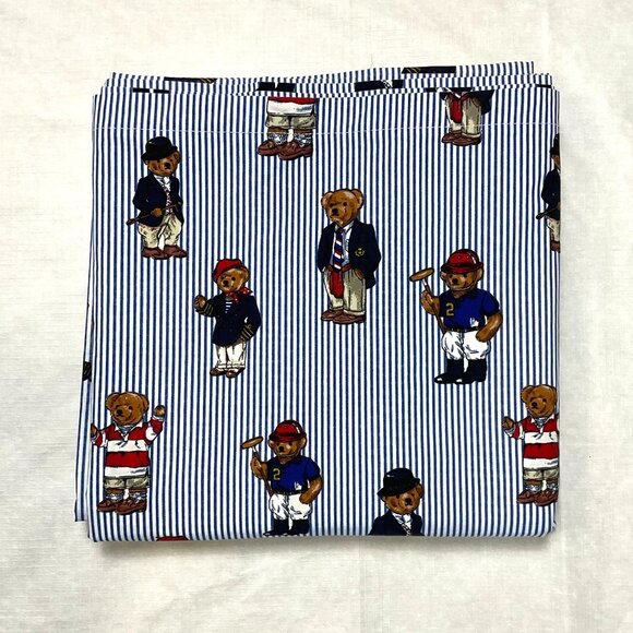 Vtg 1990's Ralph Lauren Polo Teddy Bear University Blue Striped QUEEN Flat Sheet - Picture 1 of 3